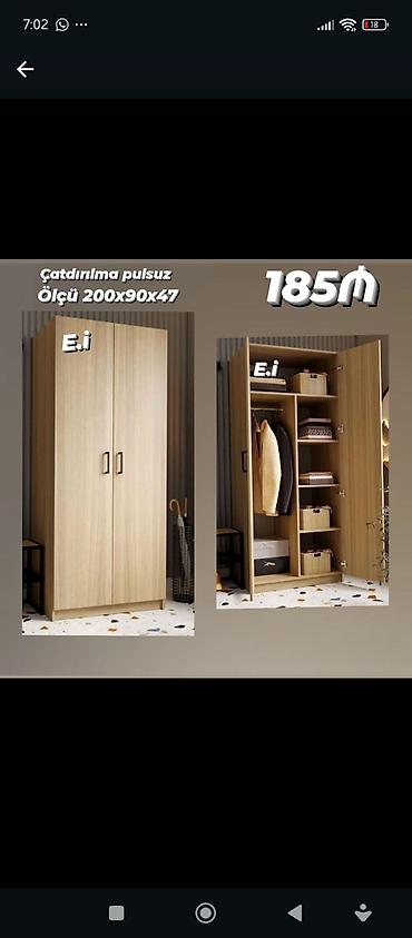 siyirmeli dolablar: İkiqapılı paltar şkafı, ölçüsü 200x90x47 sm. Şkafın daxilində paltar — 2