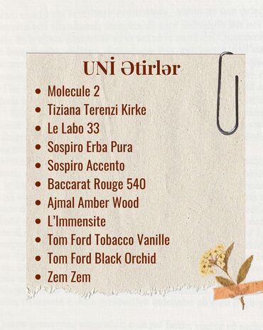 Digər: Hər növ ətilər 50 ml ətir 30 manatdı isdəyən olsa 100 ml də qablarda