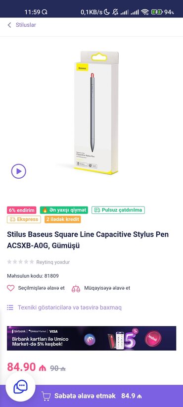 planşet qələmli: Stylus pen təzədir, umico dan alinib 85 manata, iPad üçün nezerde