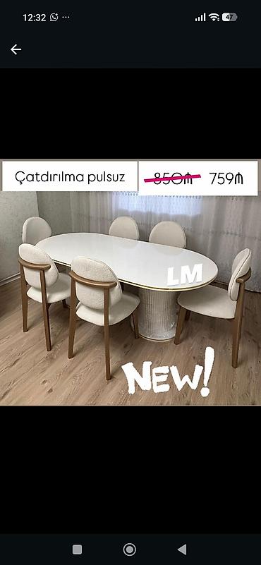 Yemək dəsti – oval masa və 6 ədəd stul - Modern dizaynlı, ağ parlaq