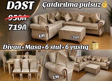 divan stolu: Dəst: Divan + Masa + 6 stul + 6 yastıq - Künc divan: yumşaq parça — 1