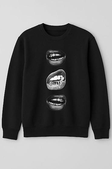 Qara sweatshirt – sinədə 3 ədəd monoxrom dodaq/diş illüstrasiyası ilə