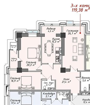 archa group: 3 комнаты, 119 м², Элитка, 15 этаж, ПСО (под самоотделку) — 7