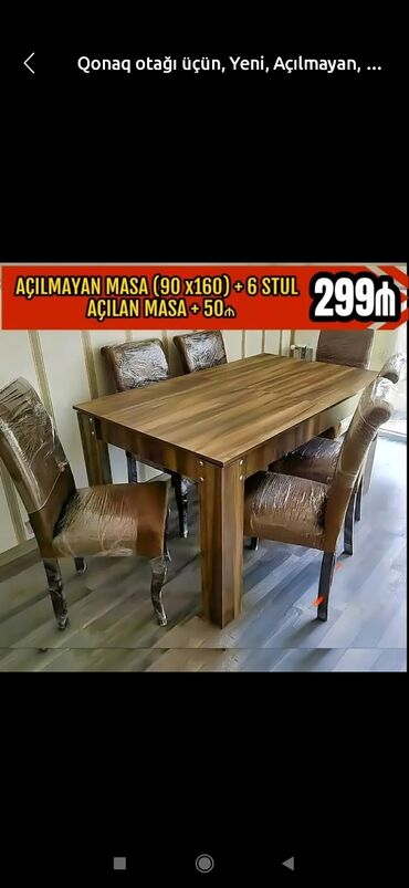 Masa və oturacaq dəstləri: Qonaq otağı üçün, Yeni, Açılmayan, Dördbucaq masa, 6 stul — 30