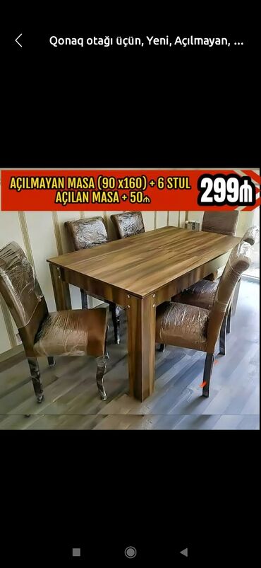 Masa və oturacaq dəstləri: Qonaq otağı üçün, Yeni, Açılmayan, Dördbucaq masa, 6 stul — 11