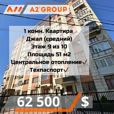 квартира в 6 мкр: 1 бөлмө, 51 кв. м, Элитка, 9 кабат, Евроремонт