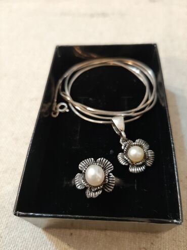 серебряные цепочки: Комплект женских серебряных украшений, цепочка, подвеска, кольцо