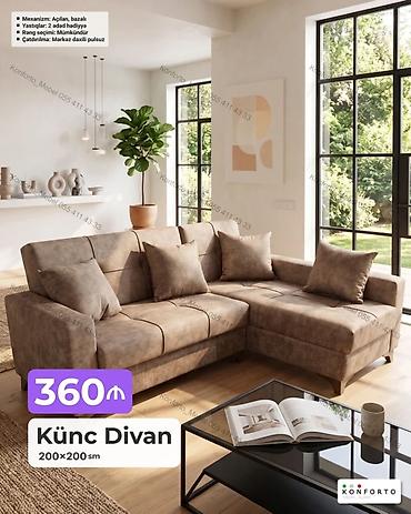 divan alemi: Künc divan – 200×200 sm - Mexanizm: açılan, bazalı (yataq funksiyalı — 1