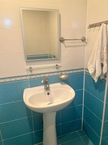 tulpan gulu sekilleri: Ağ rəngdə, ayaqlı unitaz. Üzərində güzgü və sabun qabı var. Hamam və