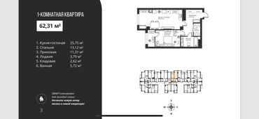 Продажа квартир: 1 комната, 62 м², Элитка, 6 этаж, ПСО (под самоотделку)