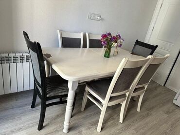 yemek stol: Qonaq otağı üçün, İşlənmiş, Dördbucaq masa, 6 stul