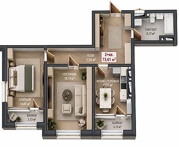 2 комнаты, 73 м², Южная Магистраль Элитка, 13 этаж
