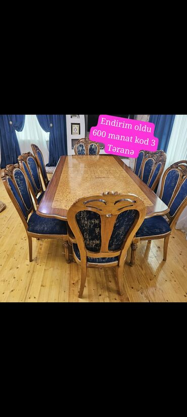 stoı stul: Qonaq otağı üçün, İşlənmiş, Açılan, Dördbucaq masa, 8 stul