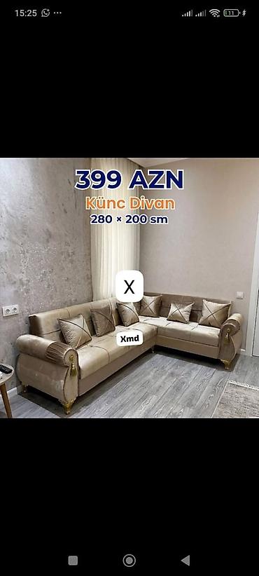Divanlar: Künc divan – 280 × 200 sm Qiymət: 399 AZN - L formalı dizayn, geniş — 1