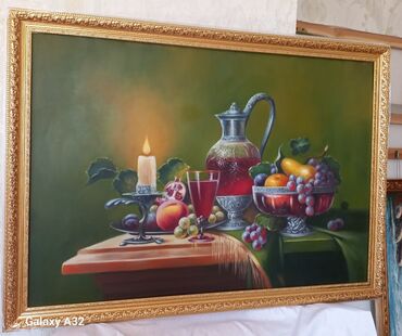 Şəkillər, tablolar: Ölçü 120/80 (12 ədəd). Böyükdürlər. Kətan parça üzərində yağlı boya — 24