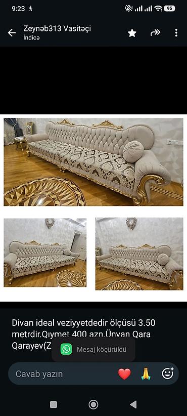 Divan ideal veziyyetdedir ölçüsü 3.50 metrdir.Qıymet 400 azn.Ünvan lalafo.az -da Divan ideal veziyyetdedir ölçüsü 3.50 metrdir.Qıymet 400 azn.Ünvan
