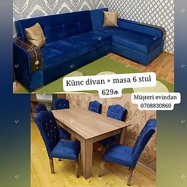 Künc divan + masa və 6 ədəd stul dəsti - Şık, tünd mavi rəngli L