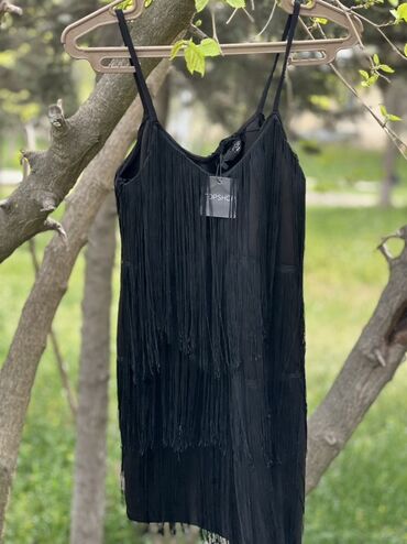 женские платья из микромасла: Topshop markalı qara franjlı paltar - Rəng: qara - Model: nazik