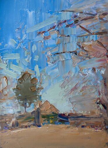 вертикальные картины маслом: Картина маслом "Дом под синим небом". 17х25 см Картина, масло