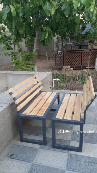 Bağ, çöl masa və oturacaq dəstləri: Metall karkaslı taxta lamelli skamya dəsti - Məhsul: açıq məkana — 27