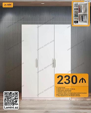 Dolablar: 3 qapılı dolab. Ölçüləri: dərinlik 47 sm, hündürlük 200 sm, en 120 — 1