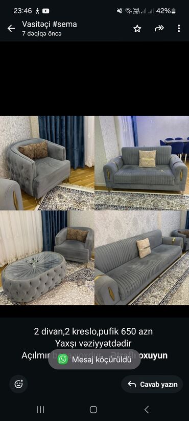 Divan və kreslo dəstləri: İşlənmiş, Divan, 2 kreslo, Divan