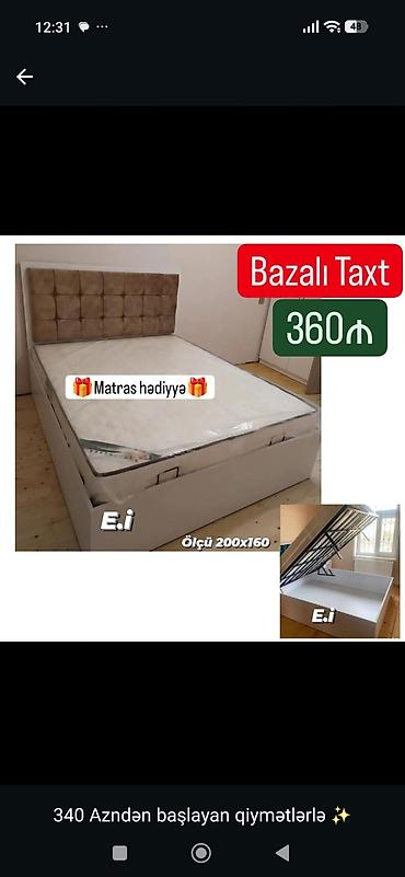 taxt dosəyi: Bazalı taxt – ölçü 200x160. - Qaldırılan bazalı saxlama bölməsi: metal — 1