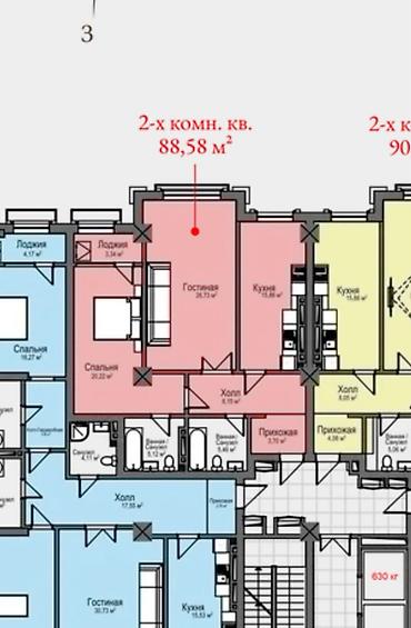 2 8: 2 комнаты, 88 м², Асанбай мкр Элитка, 2 этаж, ПСО (под самоотделку) — 1