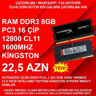 Masaüstü kompüterlər və iş stansiyaları: Operativ yaddaş (RAM) HyperX, 8 GB, 1600 Mhz, DDR3, Noutbuk üçün, Yeni