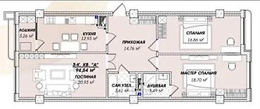 asman residence: 3 комнаты, 94 м², Азия Молл Элитка, 3 этаж, ПСО (под самоотделку) — 2