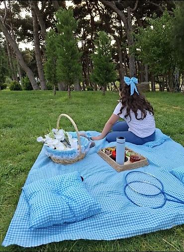 heyet stolari: Piknik dəsti – yumşaq doldurmalı, kvadrat naxışlı yaylıq və yastıqlar — 2