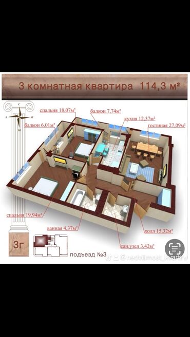 Продажа квартир: 3 комнаты, 114 м², Элитка, 10 этаж, ПСО (под самоотделку)