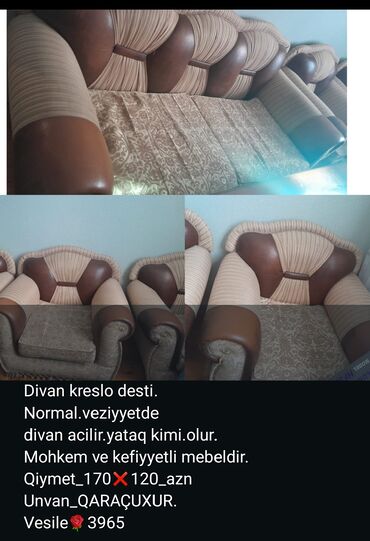 Divan və kreslo dəstləri: İşlənmiş, Divan, 2 kreslo, Bazasız, Açılan