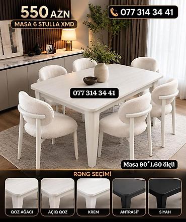 Yemək otağı dəsti – Masa + 6 stul - Ölçü: masa 90×160 sm - Komplekt