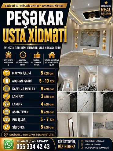 ev təmiri qiymətləri: Malyar ustası, Aboy, Lepka, paduqa, şpaklovyka, alçipan, ağdağsuvağı — 1