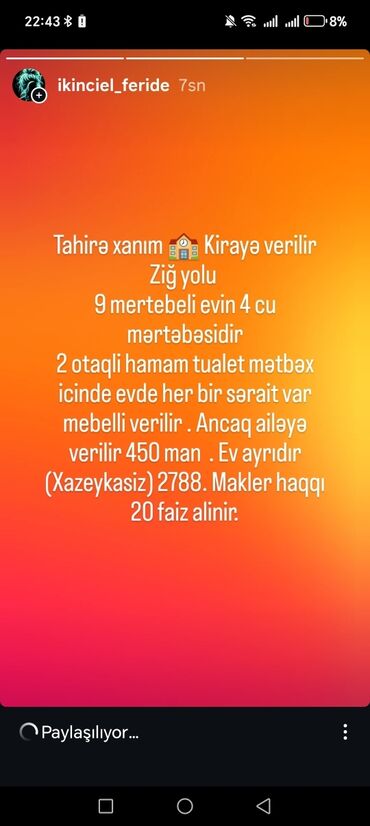 Mühərrik və mühərrik detalları: Tahirə xanım 🏫 Kirayə verilir Ziğ yolu 9 mertebeli evin 4 cu