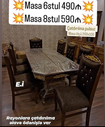 Masalar: Qonaq otağı üçün, Yeni, Açılmayan, Dördbucaq masa, 6 stul