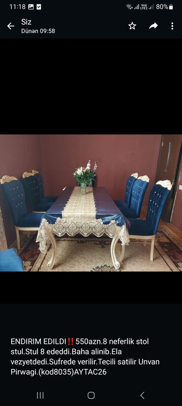 işlenmiş masa desti: Qonaq otağı üçün, İşlənmiş, Açılmayan, Dördbucaq masa, 8 stul