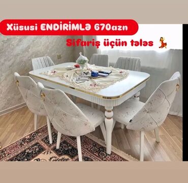 Masa və oturacaq dəstləri: Qonaq otağı üçün, Yeni, Açılmayan, Dördbucaq masa, 6 stul — 7