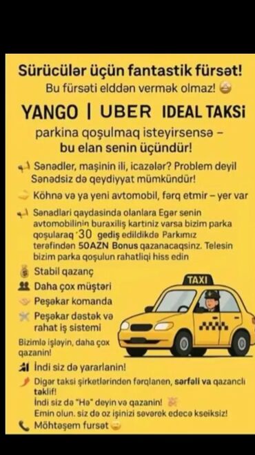 Taksi sürücüləri: Taksi sürücüsü tələb olunur, Avtomobilin icarəsi, Gündəlik ödəniş, 6 ildən artıq təcrübə