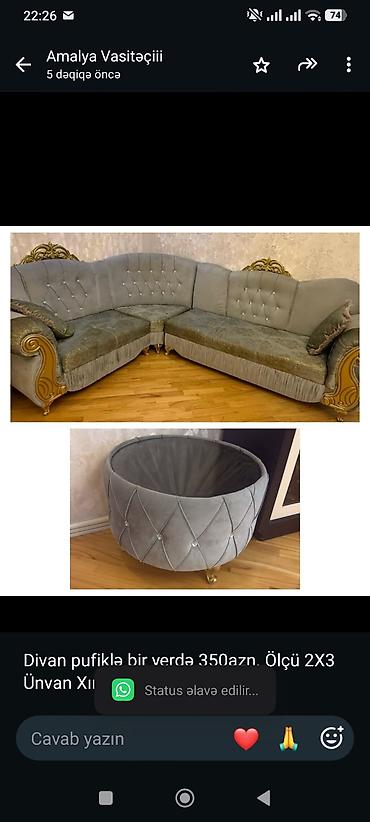 Divan pufiklə bir yerdə 350azn. Ölçü 2X3 Ünvan Xırdalan (0385) aml