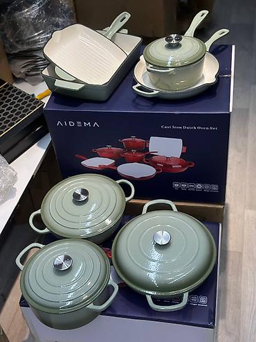 cast: Набор чугунной посуды AIDEMA — Cast Iron Dutch Oven Set, зелёный. 7в1 — 5