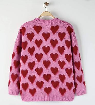 oversize jaket: Qadın kardiqanı – ürək naxışlı - Rəng: çəhrayı fon üzərində qırmızı — 7