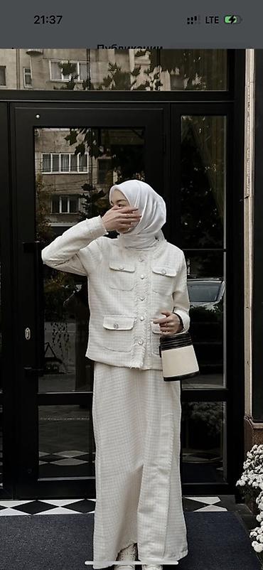 твидовое платье: Костюм в стиле твид: жакет + длинная юбка в молочном оттенке - — 1