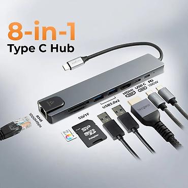 4 luk kabel: 8 in 1 Port Hub. 1 ədəd Type-C çıxışı var. 2 USB 2 Type C 1 HDMI 1 — 1