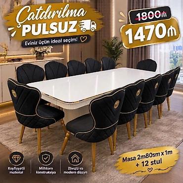 - Yemək otağı dəsti: 1 masa + 12 stul - Masa ölçüsü: 2 m 80 sm x 1 m -
