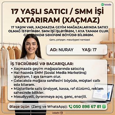 sumqayit vakansiya 2026: Satış məsləhətçisi, Qadın, 17 yaş, 1 ildən az təcrübə, Geyim və aksesuarlar — 1
