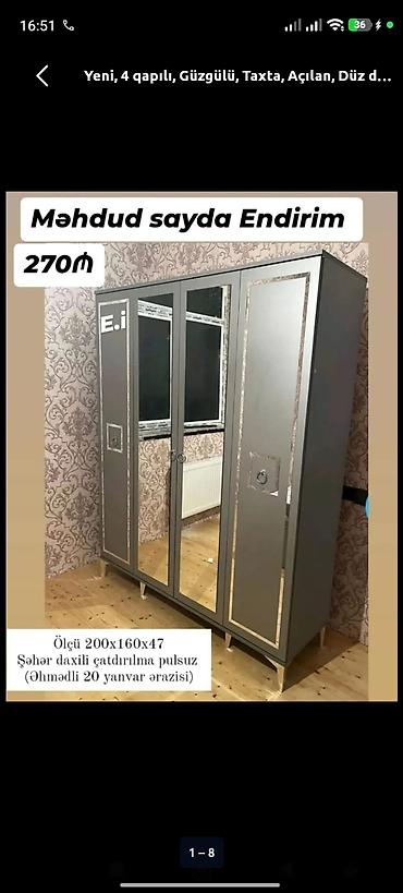 skaf: Yeni, 4 qapılı, Güzgülü, Boz, Taxta, Açılan, Düz dolab — 1