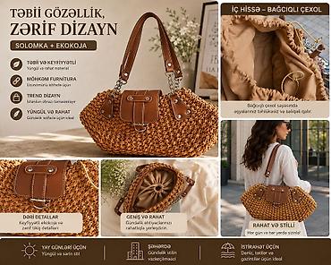 dəri çantalar: Zərif və təbii hənd çanta – solomka + eko‑dəri - Material: təbii — 2