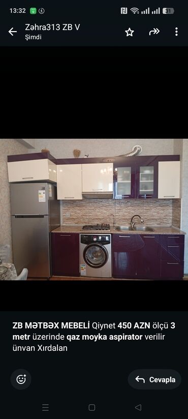 газ баллон: *ZB* *MƏTBƏX MEBELİ* Qiynet *450 AZN* ölçü *3 metr* üzerinde *qaz